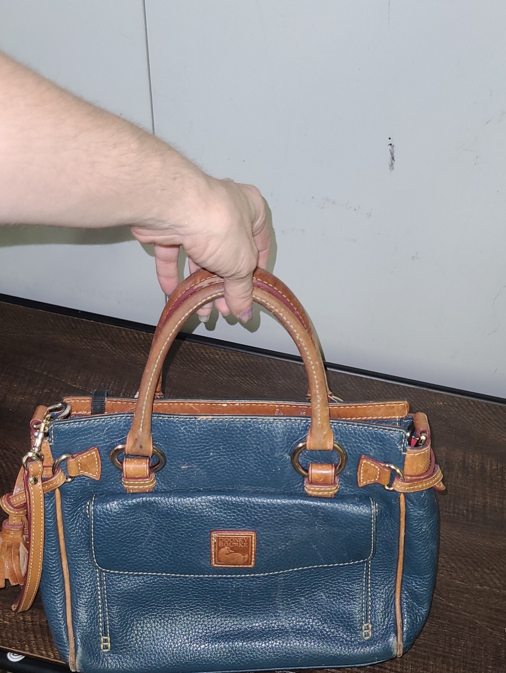 Dooney & Bourke Navy Blue Leather Satchel with Tan Trim